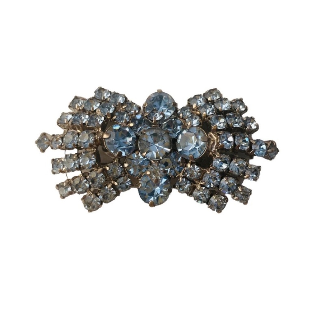 Vintage Austrian Blue Rhinestone Prong Set Brooch Silver Tone 2.5x1.5”